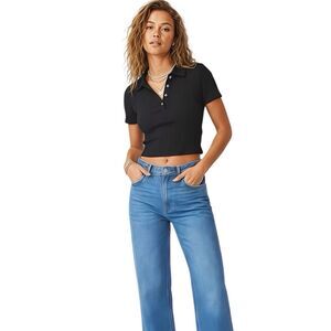 Zara Womens Shirt Sz Small Black Ribbed Fitted Cropped Polo Short Sleeve Preppy